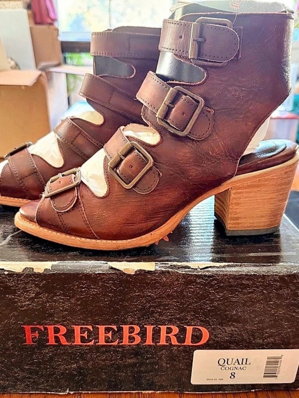 Freebird Quail Cognac Leather Heeled Sandals US 8
